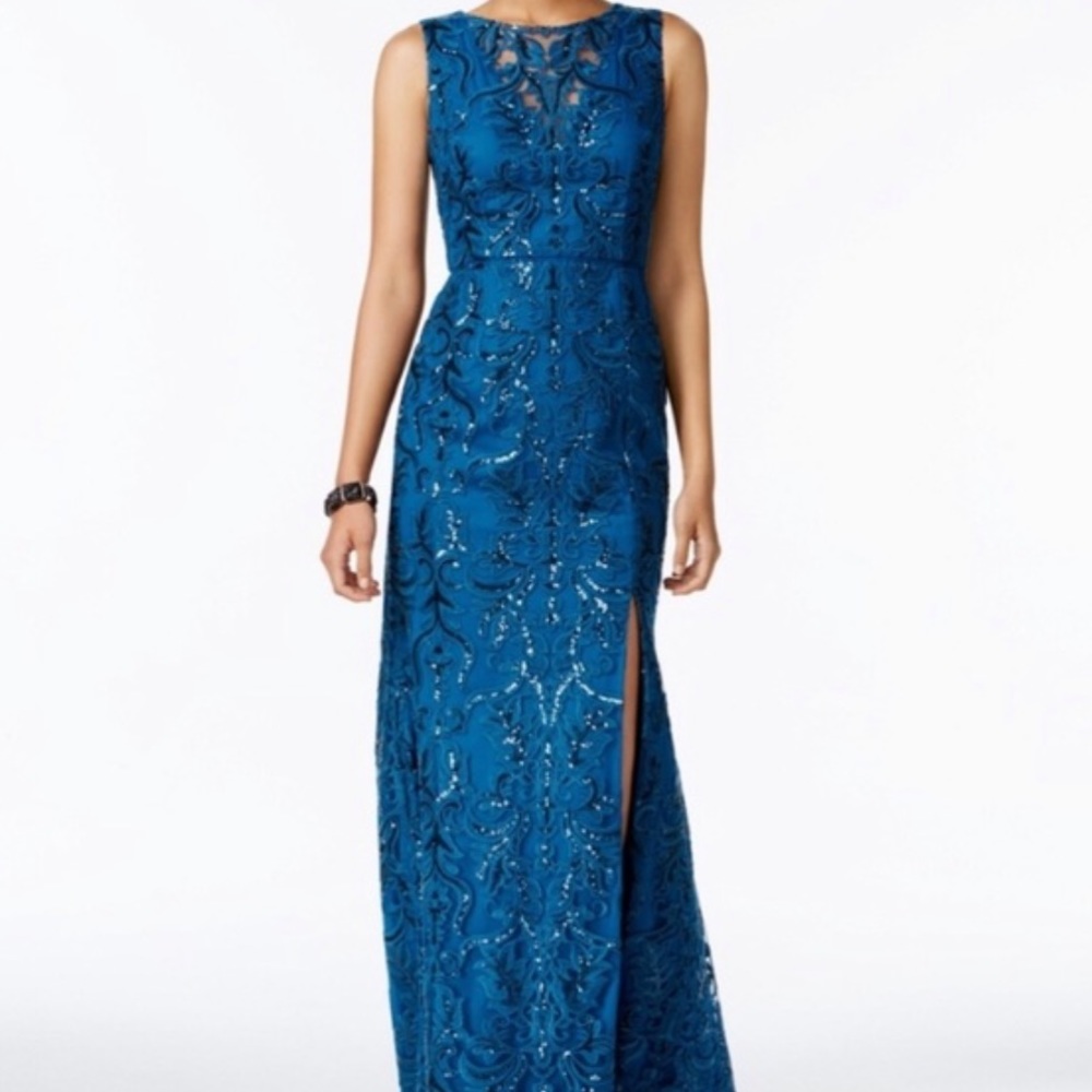 Adrianna Pappel Formal Teal Embroidered Lace and Sequin Gown